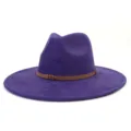 Stylish purple suede fedora hat with brown strap wide brim fashion gentleman hat for men women - M (56-58cm) / Purple