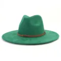 Green suede fedora hat with brown braided band, wide brim classic gentleman style. - M (56-58cm) / Green