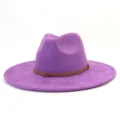 Close-up detail of purple wide-brim suede fedora hat featuring a stylish brown belt accent. - M (56-58cm) / Deep purple