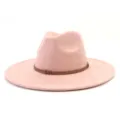 Pink suede fedora hat with brown braided band, wide brim classic gentleman hat detail view. - M (56-58cm) / Pink