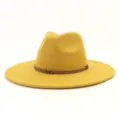 Yellow wide brim fedora hat detail, faux suede texture with brown braided band, elegant design. - M (56-58cm) / Turmeric