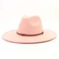 Pink faux suede fedora hat with brown band, wide brim fashion headwear for women and men - M (56-58cm) / Dusky Pink