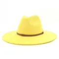 Close-up detail of the yellow faux suede wide brim fedora hat with brown decorative belt. - M (56-58cm) / Yellow