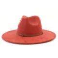 Detail shot of the red suede fedora hat showing the fine texture and brown braided hatband. - M (56-58cm) / Rust red