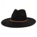 Close-up detail of black suede fedora hat, featuring a stylish brown braided band decoration. - M (56-58cm) / Black