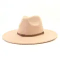 Khaki suede fedora hat with brown strap wide brim stylish unisex fashion gentleman hat - M (56-58cm) / Champagne