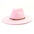 Pink suede fedora hat detail, wide brim design with brown braided belt accent. - M (56-58cm) / Sakura Pink