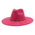 Hot pink suede flat brim fedora hat with gold chain detail, stylish wide brim jazz hat. - 58cm / Rose Red