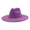 Purple suede fedora hat for men and women, wide flat brim jazz cap with chic chain decor. - 58cm / Medium Purple