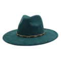 Close-up detail of the dark green suede fedora hat, highlighting the metallic chain decoration. - 58cm / Dark Green