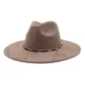 Classic suede fedora hat for women men, wide brim winter jazz hat with chic gold chain band. - 58cm / Dusty Pink