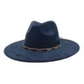 Stylish navy blue suede wide brim fedora jazz hat with elegant golden chain decoration. - 58cm / Navy Blue