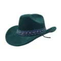 Closeup of dark green suede cowboy hat with stylish denim band and sparkling rhinestone details. - 58cm / Dark Green