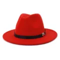 Classic red wool fedora hat for women with black leather belt and metal M accent. - Red