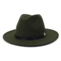 Chapeau fedora en feutre vert foncé femme automne hiver bord plat jazz avec ceinture noire - Vert Militaire