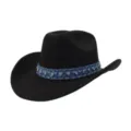 Black suede cowboy hat with denim rhinestone band, western retro fashion headwear detail. - 58cm / Black