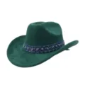 Green suede cowboy hat for women men, stylish jazz cap with denim rhinestone band decor. - 58cm / Dark Green