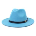 Chapeau fedora en feutre bleu clair pour femme, chapeau de jazz élégant avec ceinture noire. - Bleu lac