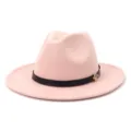 Chapeau fedora en feutre de laine rose avec ceinture en cuir noir et boucle metal M. - Vieux Rose
