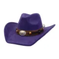 Purple faux suede cowboy hat detail showing the bull skull buckle and brown decorative band. - 58cm / Deep purple
