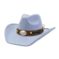 Light blue suede cowboy hat detail, retro bull skull metal buckle and brown leather band. - 58cm / Sky Blue