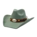 Close up of green suede cowboy hat detail, showcasing brown leather band and metal bull buckle. - 58cm / Pickle Green