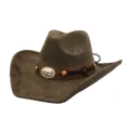 Detailed view of the brown suede cowboy hat with western bull head buckle and leather band. - 58cm / Army Green