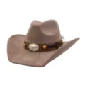 Brown soft suede cowboy hat detail, wide brim western fedora with metal bull skull decorative band. - 58cm / Dusty Pink