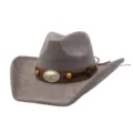 Grey suede cowboy hat with brown leather band and metallic longhorn buckle detail. - 58cm / Charcoal Grey