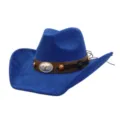 Detail view of the blue suede cowboy hat highlighting the decorative belt and bull skull buckle. - 58cm / Sapphire Blue
