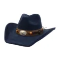 Details of the dark blue suede cowboy hat with brown leather band and bull skull metal buckle. - 58cm / Navy Blue