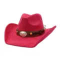 Rose red suede cowboy hat for women men western wide brim jazz cap with metal buckle. - 58cm / Rose Red