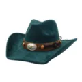 Dark green suede cowboy hat featuring a brown leather band and metal bull skull buckle detail. - 58cm / Dark Green