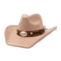 Close-up of a stylish soft faux suede western cowboy hat with decorative band and bull skull buckle. - 58cm / Champagne