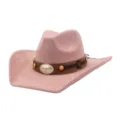 Pink suede cowboy hat with brown leather band and metal bull skull buckle for women fashion. - 58cm / Dusty Pink