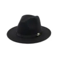 Black wool fedora hat detail, elegant flat brim jazz hat with metal M logo decoration. - Black