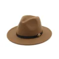 Womens brown wool felt fedora hat with black leather band and metal M decor detail. - Khaki