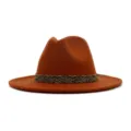 Klassischer brauner Woll-Fedora-Hut für Damen, breite Krempe Jazz-Mütze mit Band, Herbst. - 58cm / Rostrot