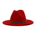 Sombrero fedora de lana roja para mujer sombrero de jazz de invierno con banda metalica. - 58cm / Rojo