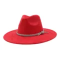 Detailed view of red suede fedora hat featuring sparkling rhinestone rope band and bow. - 58cm / Red