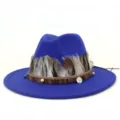 Sombrero fedora de lana azul con banda de plumas étnicas, ala ancha sombrero de jazz mujer otoño - 58cm / Azul Zafiro