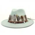 Sombrero fedora de fieltro verde menta con plumas bohemias y banda tejida para mujeres - 58cm / Verde menta