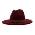Weinroter Woll-Fedora-Hut Detail, stilvolles metallisch gewebtes Band, breite Krempe. - 58cm / Burgunderrot