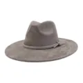 Close-up detail of the grey suede fedora hat featuring a sparkling rhinestone band and bow. - 58cm / Charcoal Grey