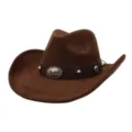 Detalle de sombrero de vaquero de ante marrón con hebilla de toro de metal y tachuelas. - 58cm / Café