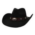 Black suede cowboy hat with brown leather band and metal concho detail for fashion style. - 58cm / Black