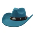 Blue suede western cowboy hat with metal bull skull buckle and brown leather band detail. - 58cm / Peacock Dark Blue