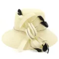 Elegant organza sun hat detail featuring black feathers and sparkling rhinestones for stylish beachwear. - 58cm / Beige