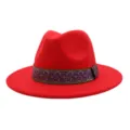 Vue détaillée du chapeau fedora en laine rouge avec un élégant bandeau à motif violet et doré. - 58cm / Rouge