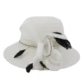 Elegant white organza sun hat for women with large brim, feather, and rhinestone bow design. - 58cm / Cream White